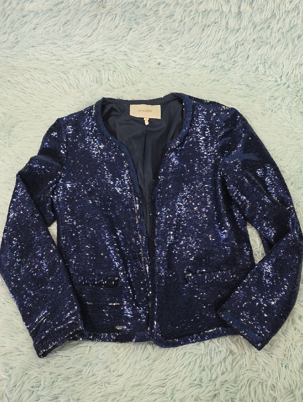 Maje Navy Blue Sequin Open-Front Blazer Jacket Size 40